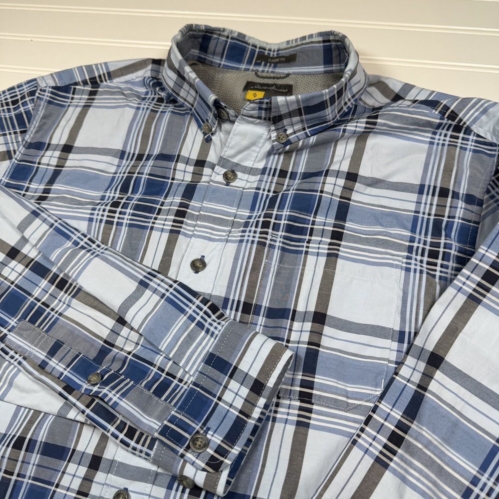 Eddie Bauer Travex L/S Classic Fit Button Up Shirt Men's‎ Large Blue Plaid GUC